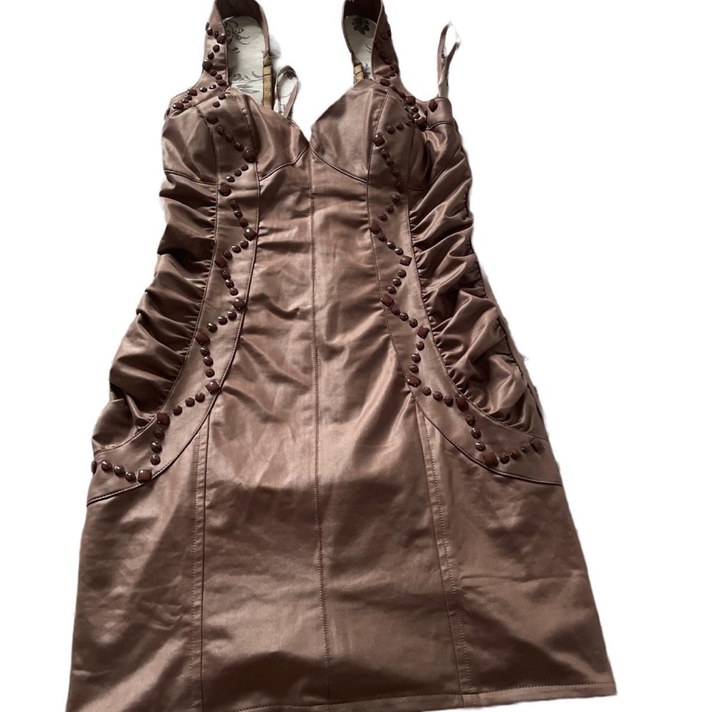 brown side ruched bodycon dress with bead detailings